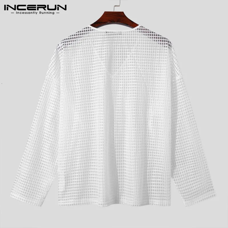 INCERUN Tops 2024 Korean Style Mens Solid Checkered Perspective T-shirts Fashionable V-neck Shoulder Long Sleeved Camiseta S-5XL 241011