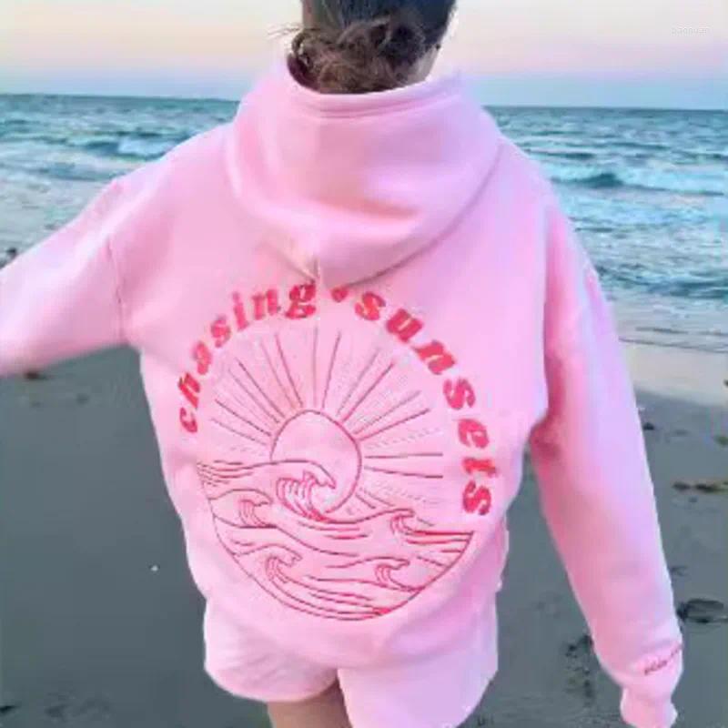 Women's Sweaters C Sunset Hoodies Women 2024 European American Version Off Shoulder Sleeve Threaded Beach Hooded Print Oversized Pullover