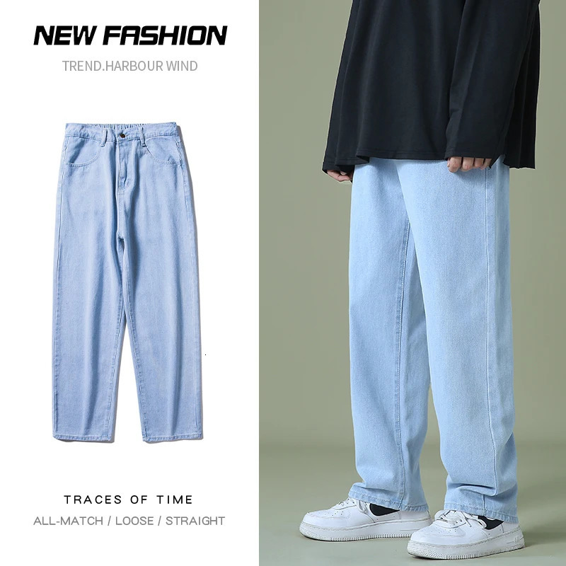 Autumn Men Denim Wide-leg Pants Korean Style Straight Light Blue Baggy Jeans Elastic Waist Student Trousers Male Black Gray 241011