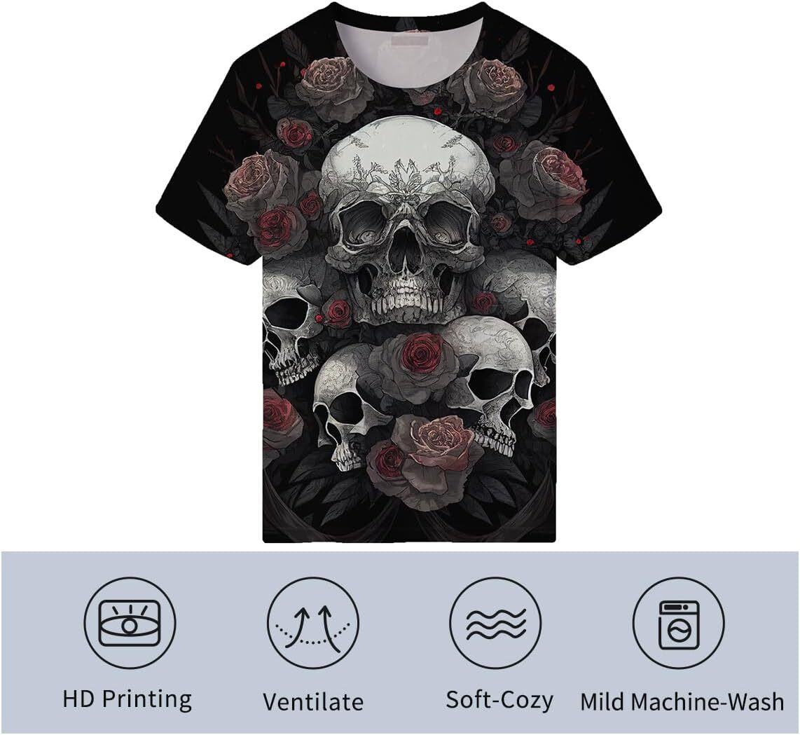 Mens T shirt Men's Skull Rose T-Shirt Novelty 3D Graphic Fashion graphic tee Casual tops summer clothes Short sleeve Trendy Fashion cool