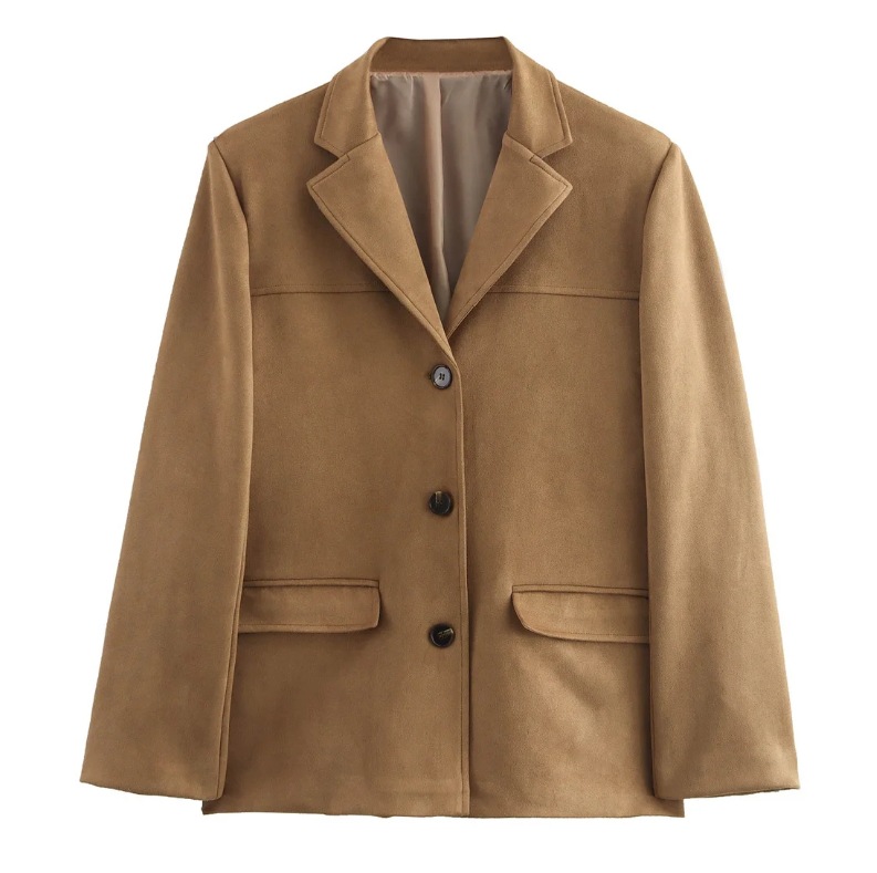 Fashionable brown suede womens jacket elegant lapel long sleeved single chest pocket jacket autumn office womens commuting jacket 240827