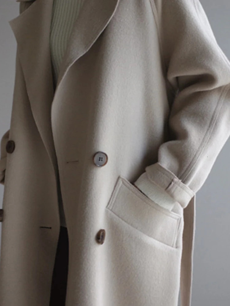 Wool blend coat womens autumn and winter retro long jacket womens Korean fashion elegant coat womens oversized loose collared coat 240930