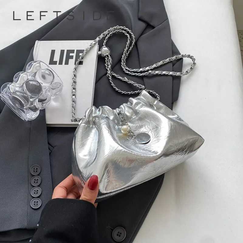 LEFTSIDE Womens Small Silver Cross Bag Korean Fashion Designer Womens Bucket Bag Womens Chain Drawstring Handbag M241014