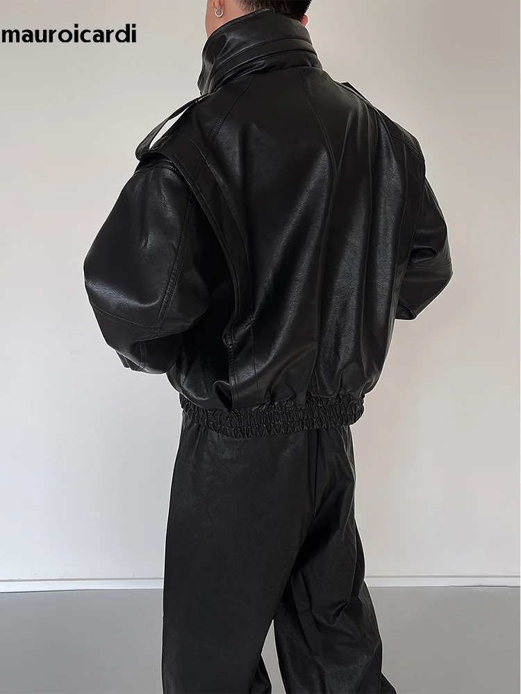 Mauroicardi Autumn Winter Oversized Cool Waterproof Windproof Black Pu Leather Jacket Men Zip Up Clothes 241011