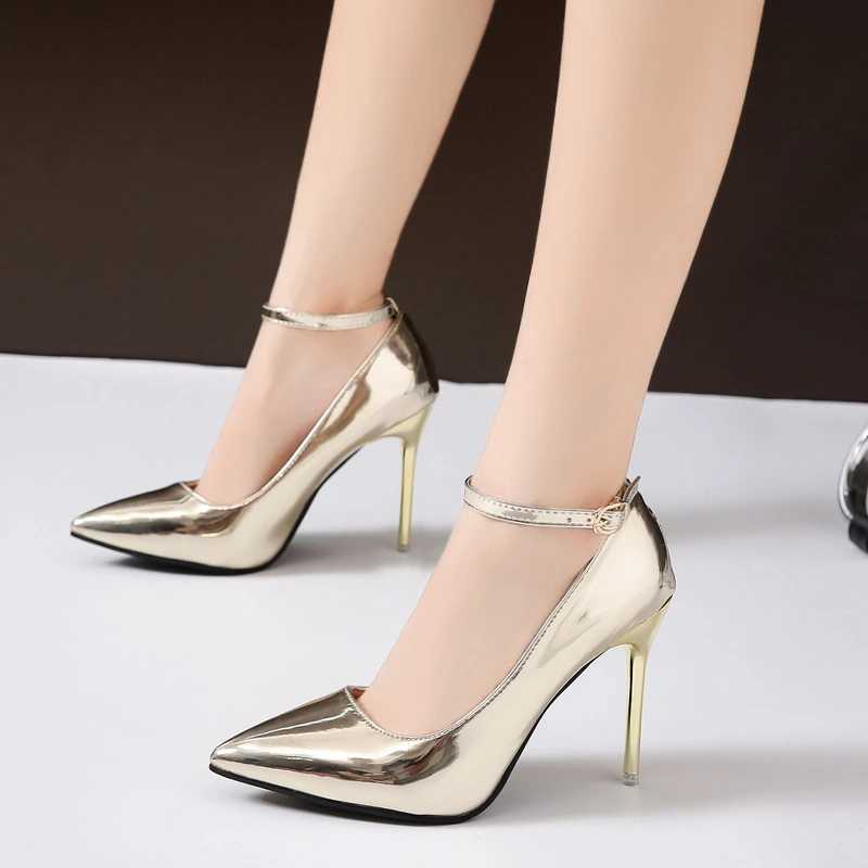 Plus Size 44 Women Thin High Heel Dress Shoes Woman Wedding Gold Silver Shoes Pointed Toe Ankle Buckle Sexy Pumps Work Shoe 11cmLX241014