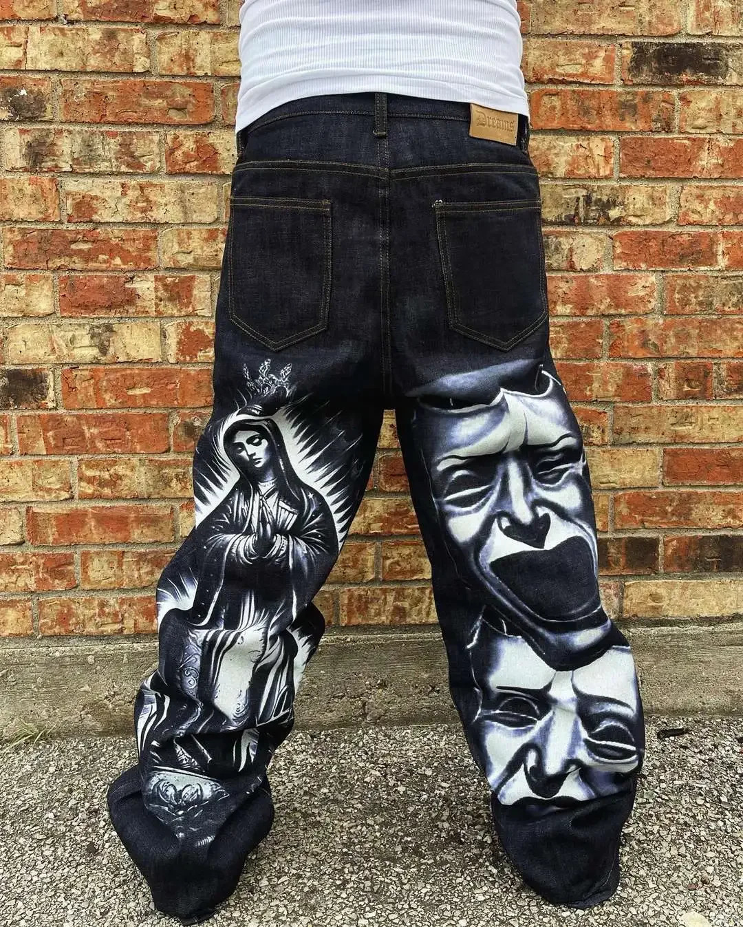 Retro Gothic Fashion Embroidered Leg Wide Leg Jeans Hip Hop Street Printed Casual Jeans Beautiful Y2K Mens Wear 241008