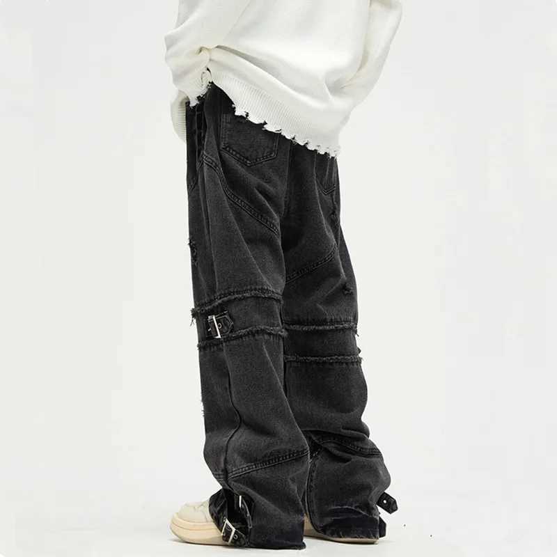 2023 And Y2K Streetwear Black Baggy Ripped Stacked Jeans Cargo Pants For Men Clothing Straight Denim Trousers Mens Pants X250220