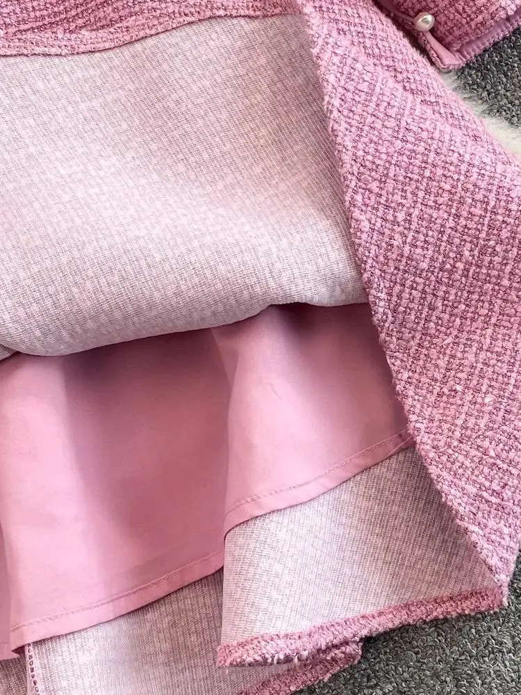 2024 Fashion Lady Flower Sequined Mesh Embroidery Ruffles Stitching Tweed Dress Women Long Sleeve Bow Collar Pink Mini Dresses 241011
