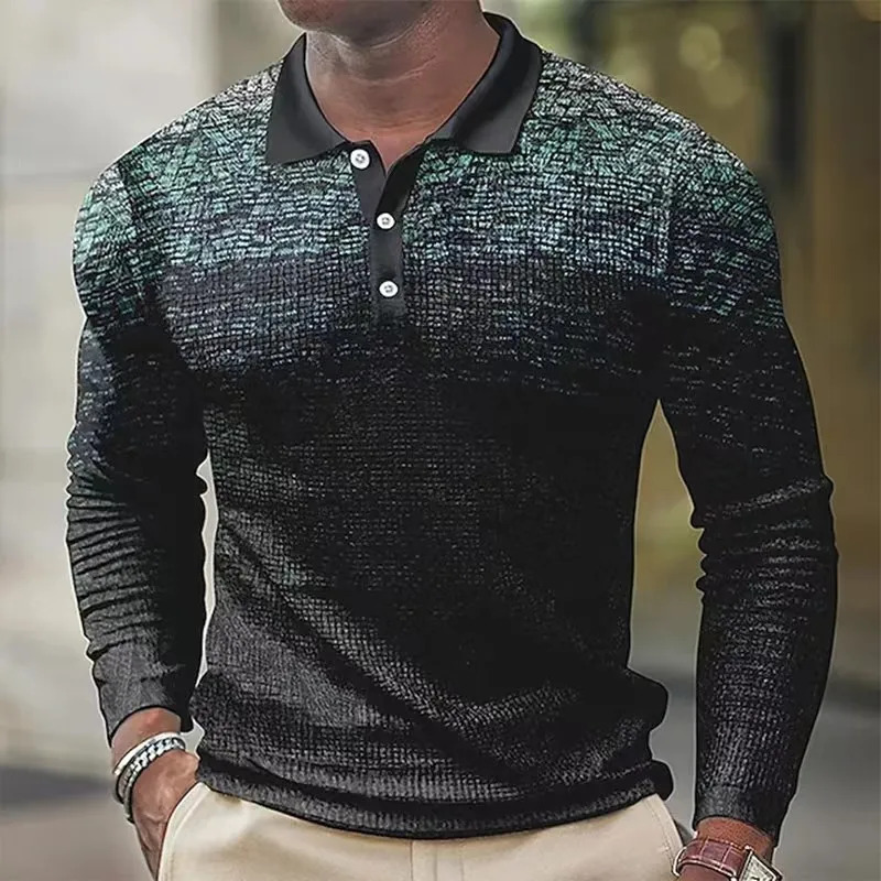 mens spring and autumn striped color POLO shirt mens lapel casual long sleeve top S-3XL 241010