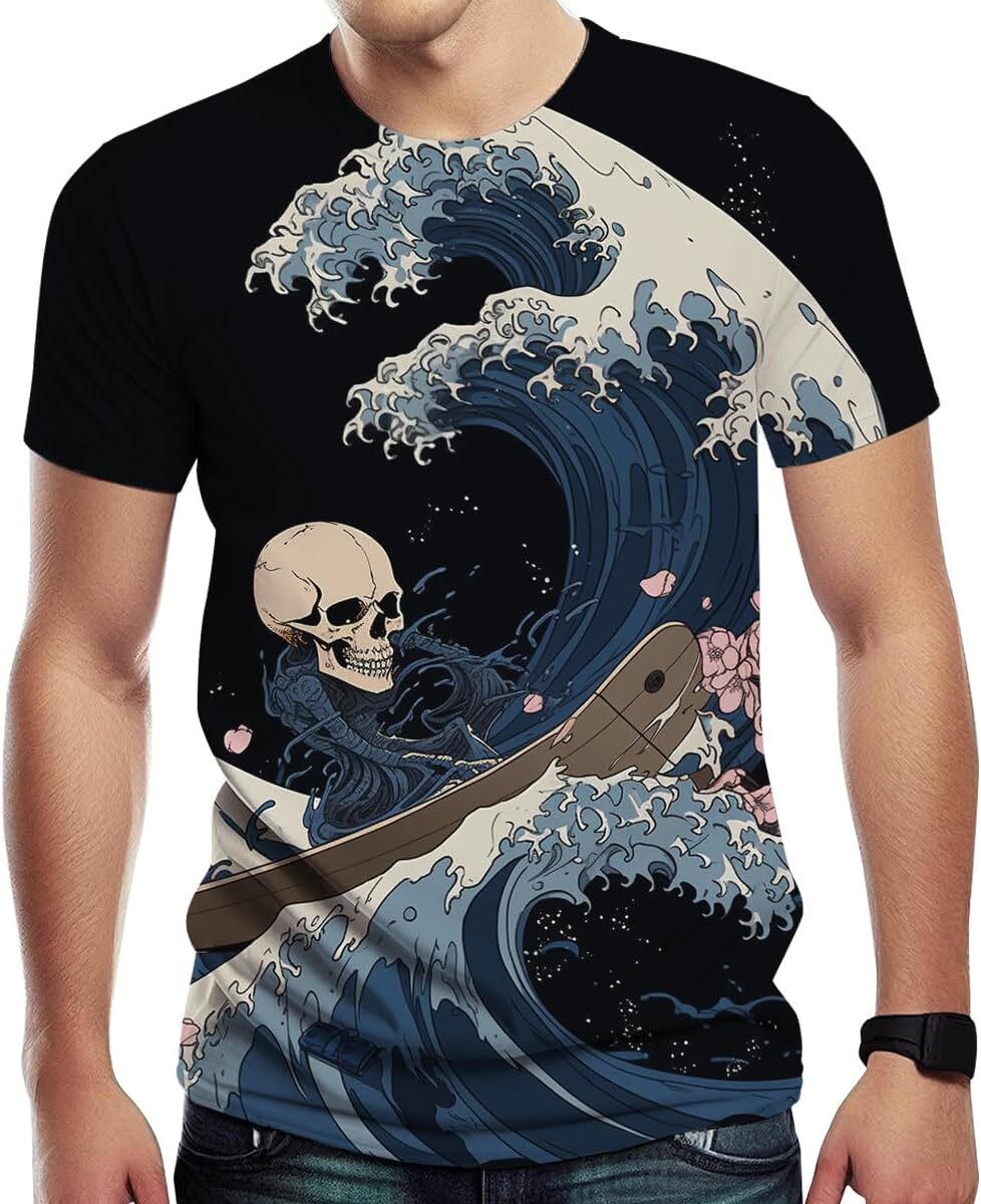 Mens T shirt Funny Skull Surfing Shirt 3D Art Printed Skull Warrior Pattern Casual graphic tee Casual tops summer clothes cool
