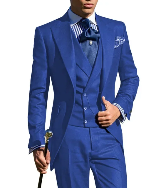 Business Suits for Men Slim Fit Long Jacket with Double Breasted Vest Custom Groom Tuxedo Wedding 3 Pcs Italian Style Tail Coat