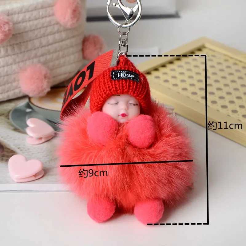Cute sleeping baby fluffy keychain real fox fur doll keychain plush doll pendant fashionable keyholder car keyring womens bag Y241014