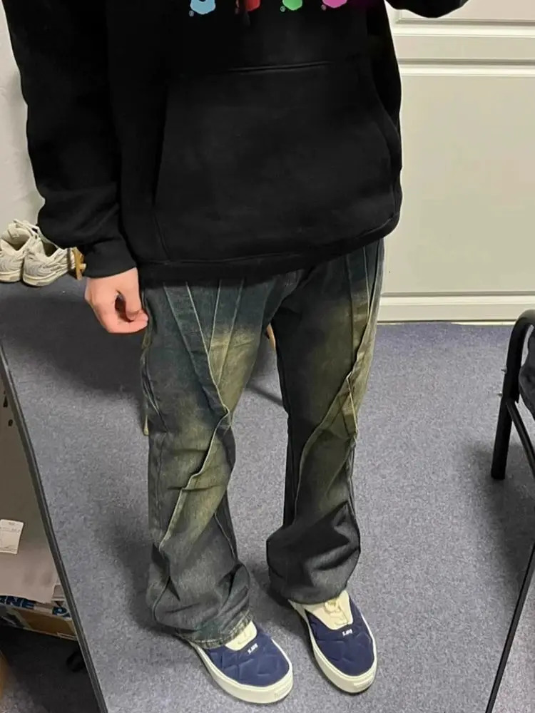 Spring high street mens and womens straight leg washed jeans hip-hop trend straight leg micro flash casual pants Y2K 241007