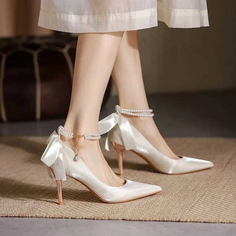 Elegant Ladies White Pearls Ankle Strap Pumps for Wedding Women Silk Back Bowtie High Stiletto Heeled Shoes Woman Spring 2023LX241014