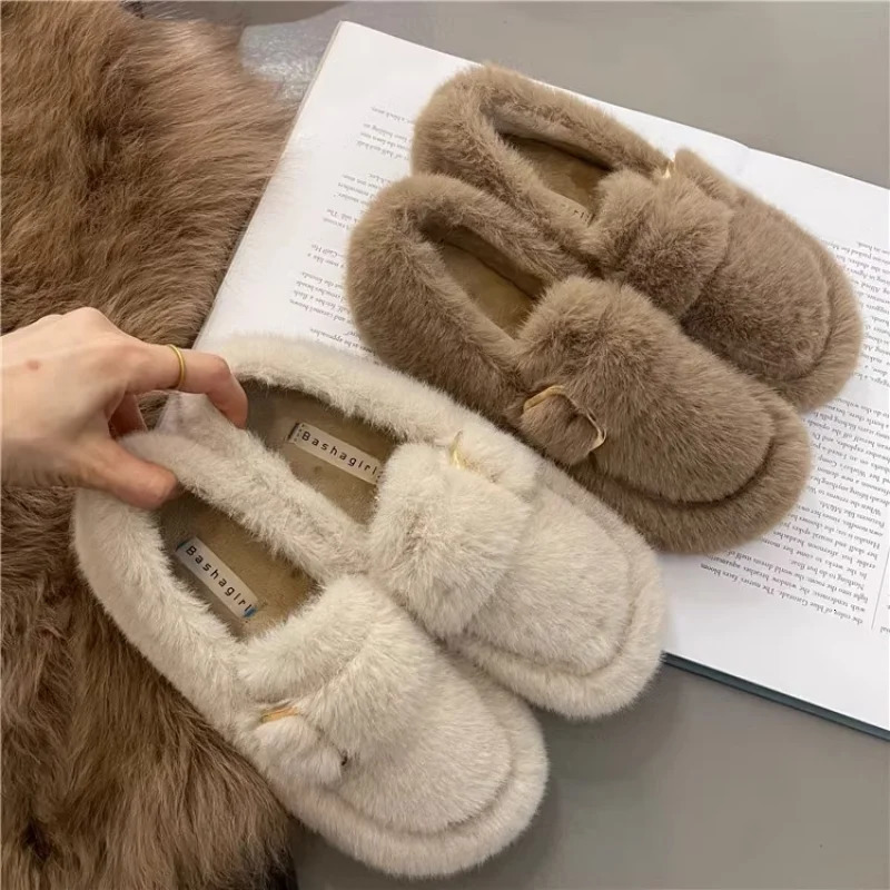 Woman Bear Fur Women Autumn Winter One-pedal Lamb Hair Flat Peas Womens Cotton Casual New Shoes To Keep Warm 241014