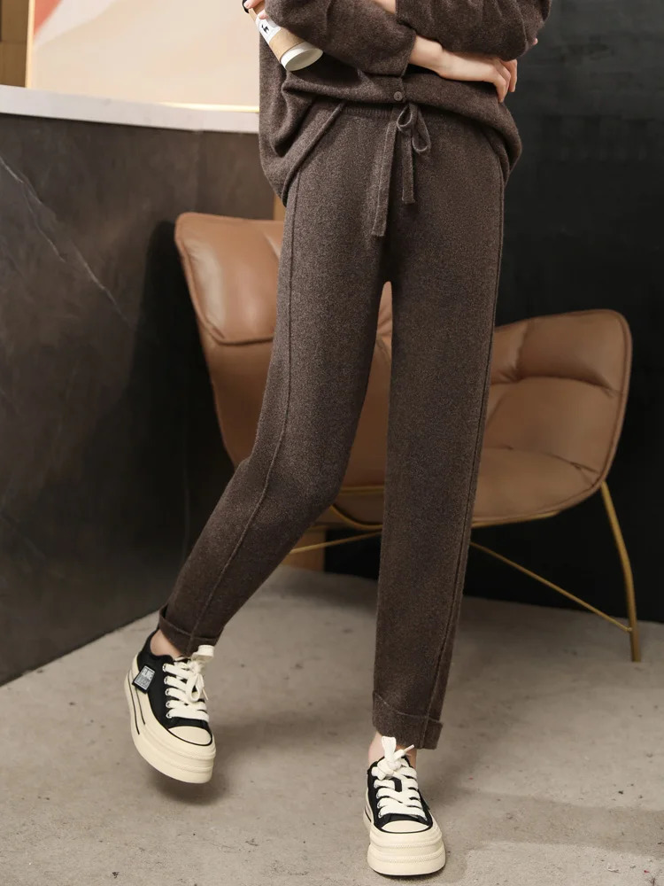 Womens Wool Pencil Pants High Waist Simple Style Office Lady Trousers 100 Merino Knitwear Autumn Winter Female Tops 241009