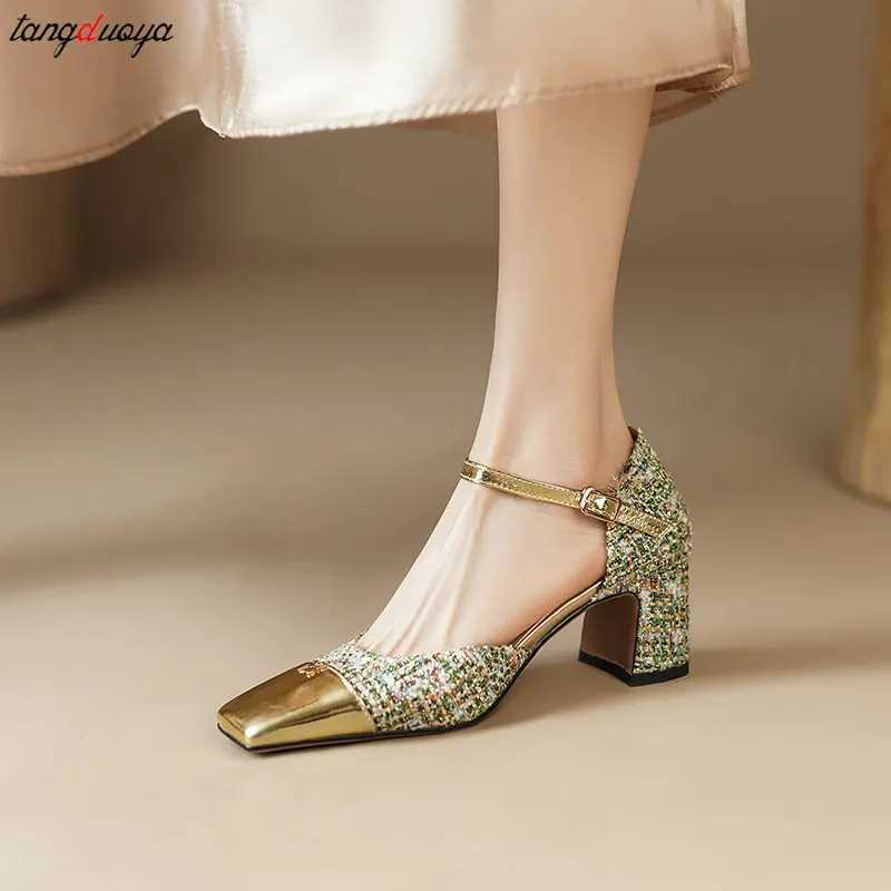 Gold Luxurious design Mary Jane shoes women New French square toe high heels Classic Ankle Buckle Dress Party Shoes Women SandalLX241014