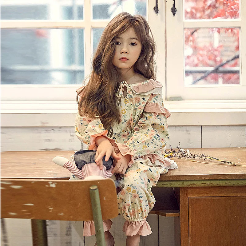 Kid Girls Lolita Cotton Floral Pajama Sets.Vintage Toddler Kid Flowers Pyjamas Set Sleep Loungewear.Children Clothing 241014