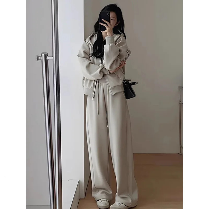 2024 Autumn Winter Solid Loose Womens Hoodie and Sweatpants Two Piece Set Korean Fashion Y2k Zip Up Hoodie Sweatshirts 241010