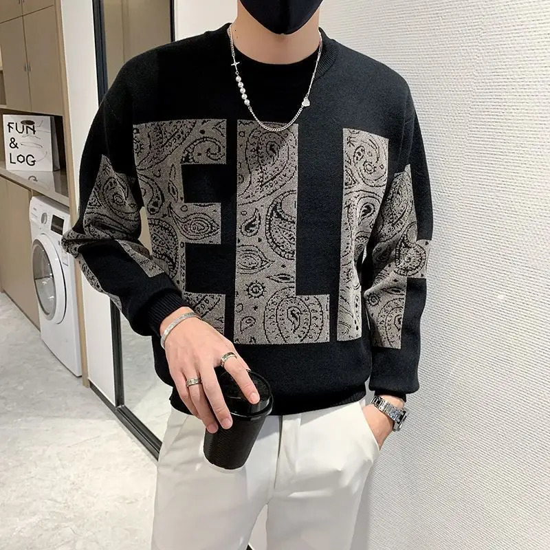 Mens letter knitted sweater mens style floral black round neck graphic collar fashionable Korean warm Y2k retro X 241007