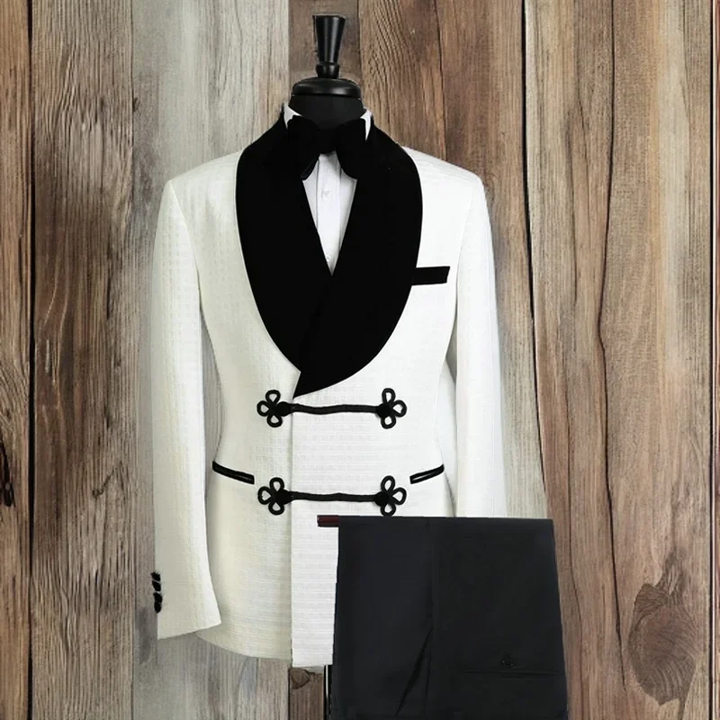 Double Breasted Men's Suits with Mandarin Buttons 2 Pcs Groom Tuxedo Terno Custom Made Velvet Suit (Jacket + Pants) 2024