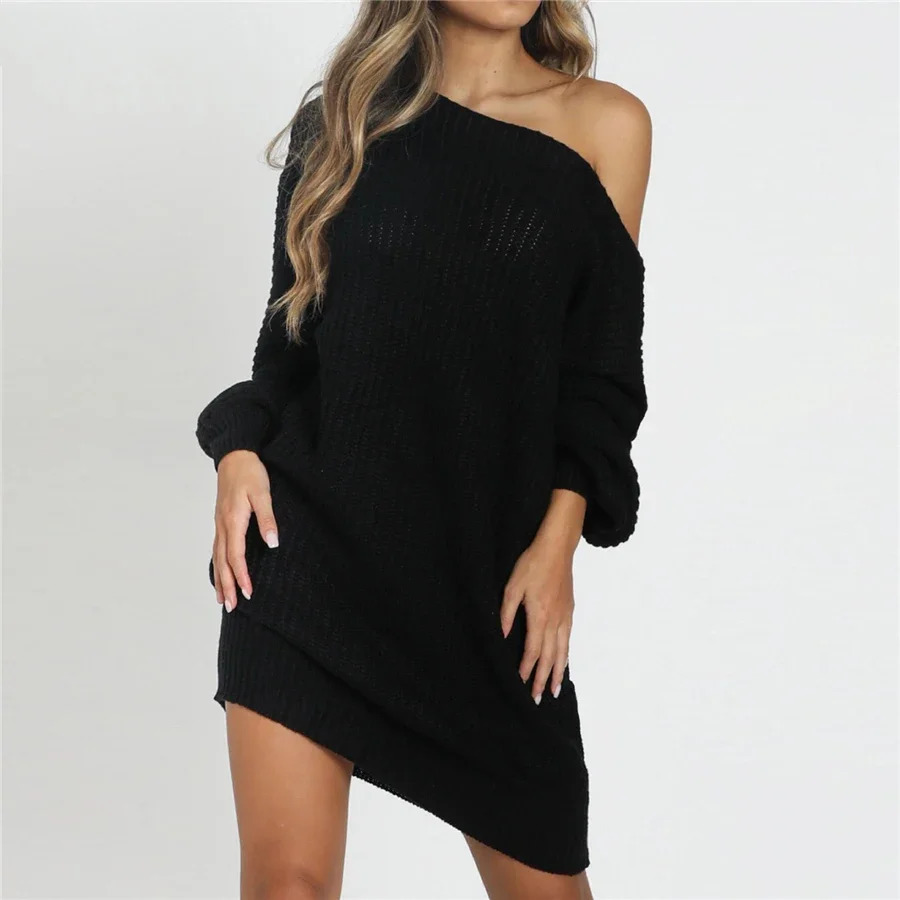 Knitted Sweater Dresses For Women Autumn Winter Loose Off Strapless Female Christmas Party 241007