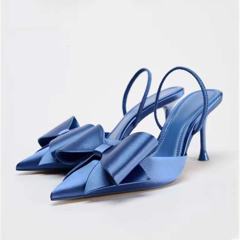 TRAF French Blue Bow High Heels For Woman Retro Point Head Stilettos Sgbac Women Satin Fabric Thin Heeled Sandals Shoes