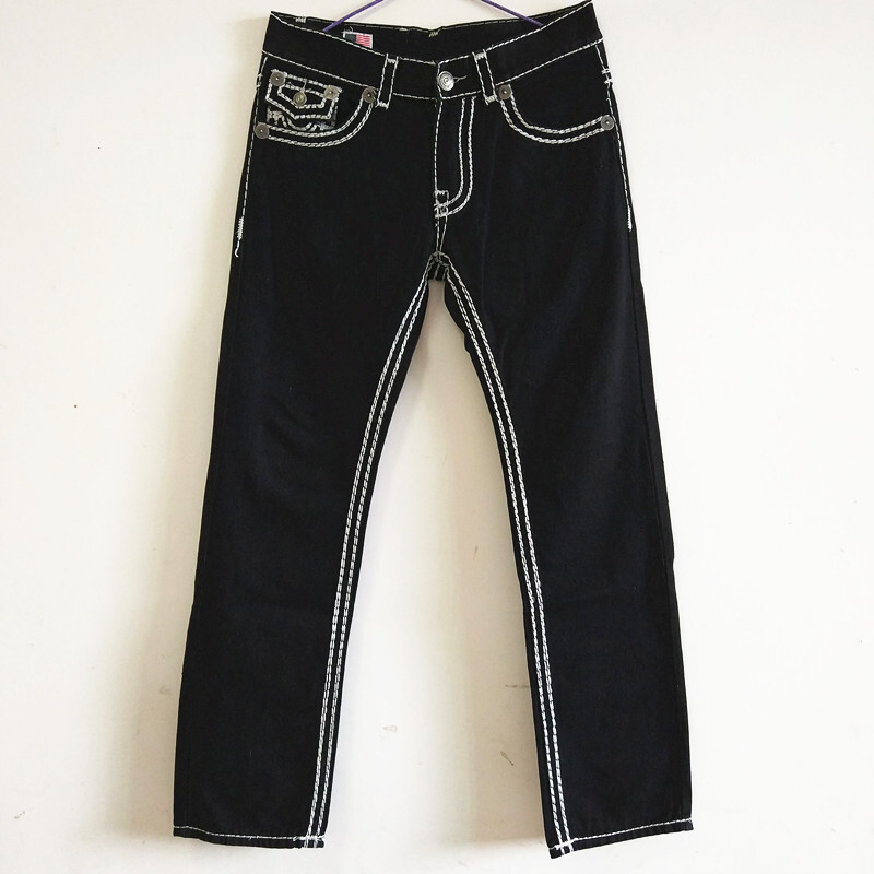 e-commerce European and American rock style jeans men's white thick thread faith plus size loose straight leg pants black designer