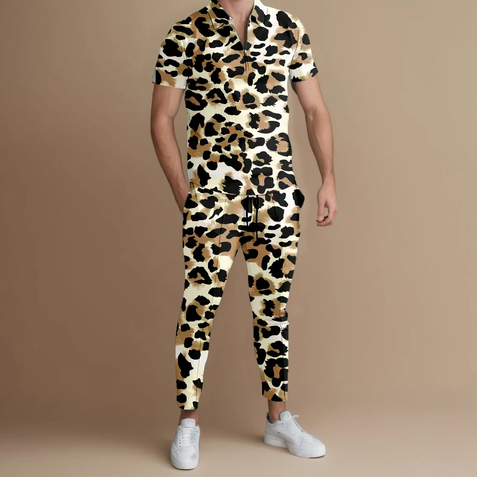 Mens T-shirt set leopard print polo shirt long sleeved two-piece lapel fashionable casual half zipper casual sportswear Chemise 240930