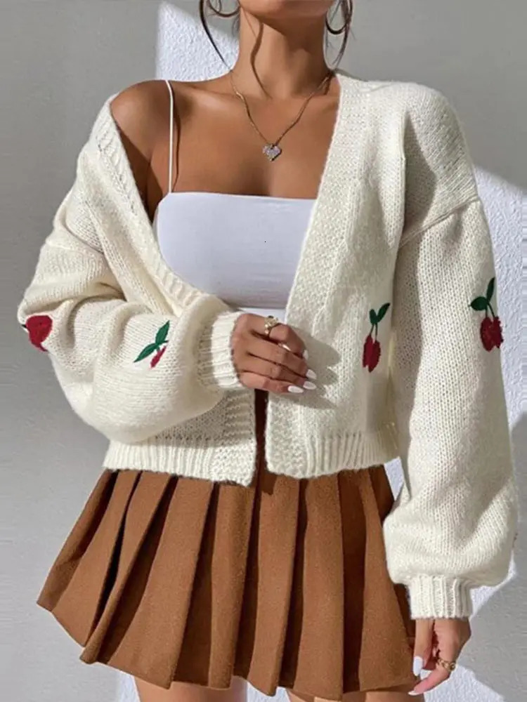 Knitted Short Womens Sweater Cardigan Cute Embroidered Cherry Sweaters Long Sleeve Vneck Women Cardigans Soft Casual Tops 241009