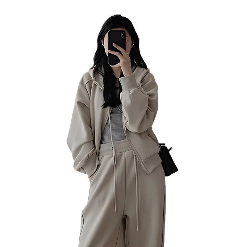 2024 Autumn Winter Solid Loose Womens Hoodie and Sweatpants Two Piece Set Korean Fashion Y2k Zip Up Hoodie Sweatshirts 241010