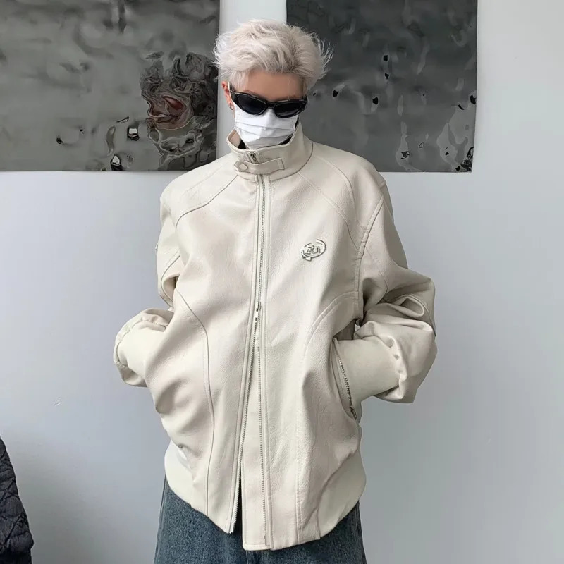 FEWQ Mens PU Leather Jacket Stand Collar Autumn Niche Top Trendy Solid Color Long Sleeve Male Tops Fashion 24X2144 241011