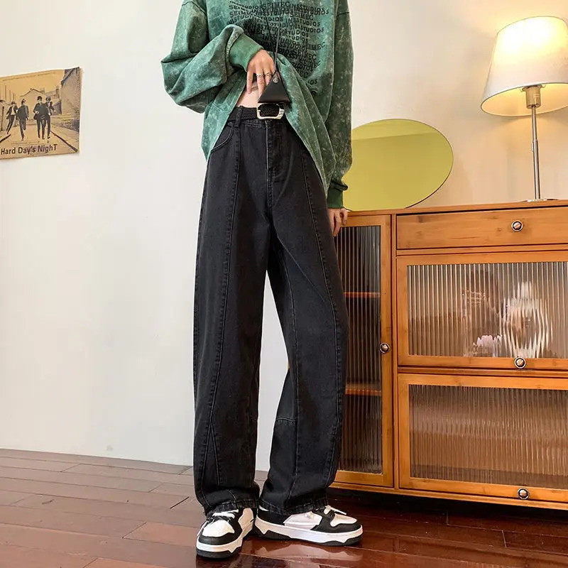 High Street Original American Trendy Wide Leg Jeans Men Autumn Winter Korean Button Pocket Zipper Loose Straight Pants 241011