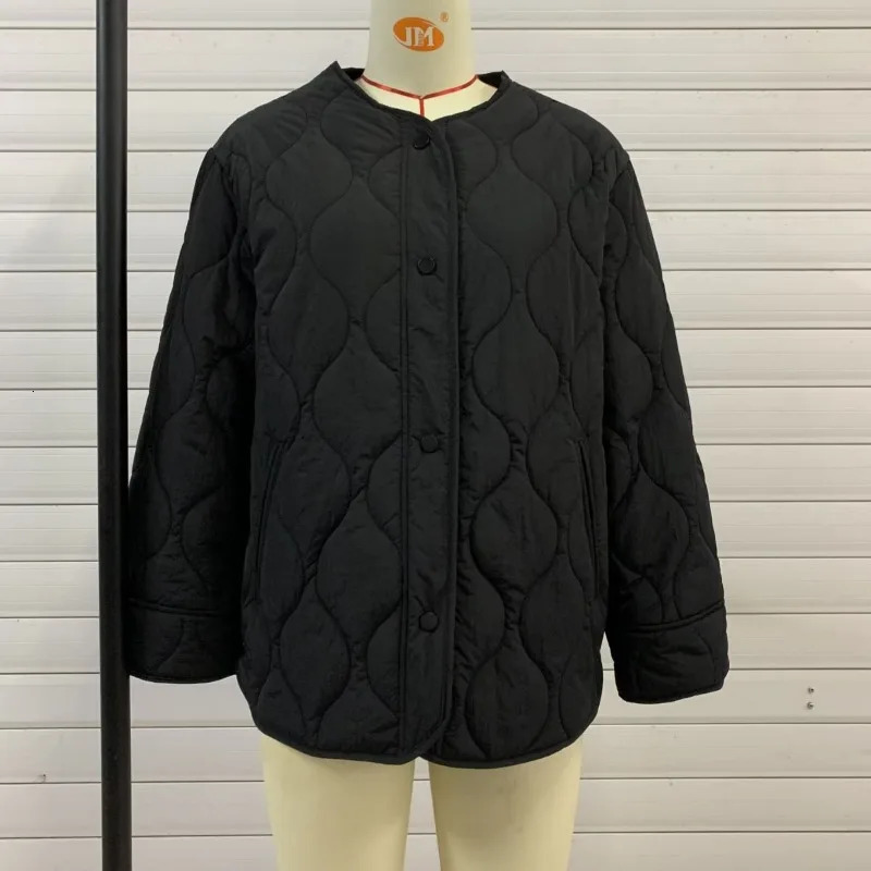 Autumn Winter Women Quilted Jacket Warm Cotton Coat Long Sleeve Parkas Button Windbreaker Jacket Solid O-neck Womens Clothing 241031