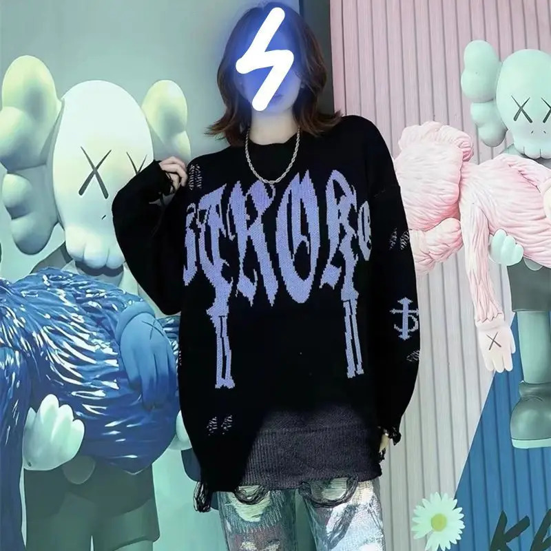 American retro tear hole letter jacquard knitted sweater mens long sleeved loose Versatile Pullover 241007