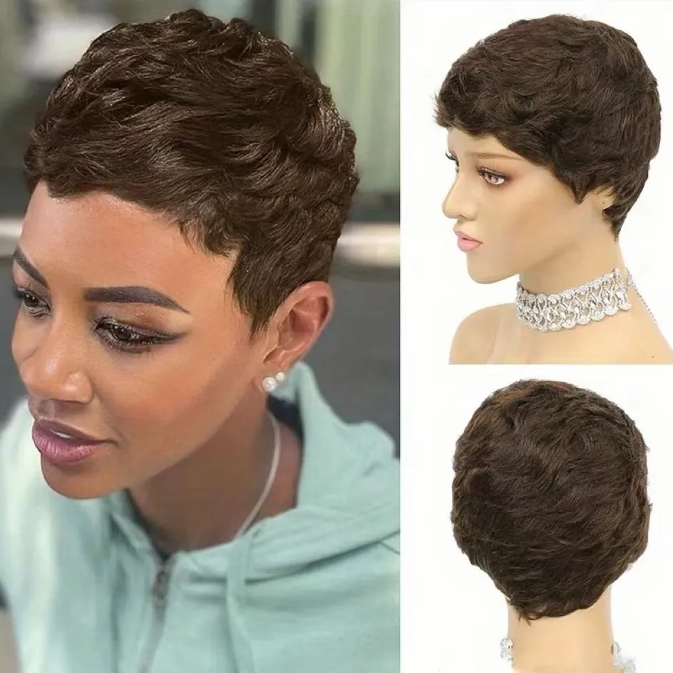 Human hair non-lace glueless wig full machine wig Synthetic Wigs Cosplay Wigs Short Pixie Cut Wigs for Black Women with short African curly hair