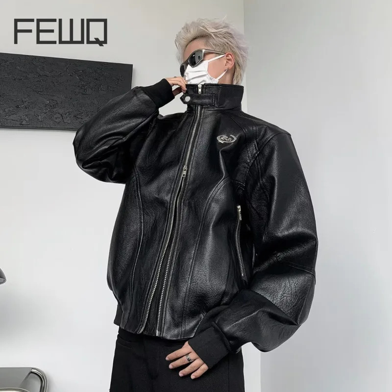 FEWQ Mens PU Leather Jacket Stand Collar Autumn Niche Top Trendy Solid Color Long Sleeve Male Tops Fashion 24X2144 241011