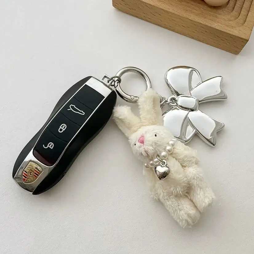 Cute Jewel Bear Keychain Plush Rabbit Bow Keyring Charm Pack Phone Pendant Womens Gift Fashion Accessories Y241014