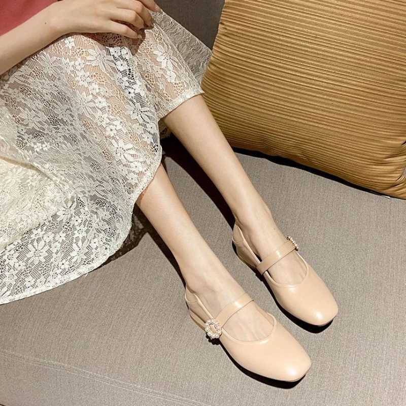 Ladies Summer Footwear Pearl Moccasins Shoes for Women 2024 Low Heel Elegant Japanese Style Lolita Mary Jane Square Toe White 39LX241014