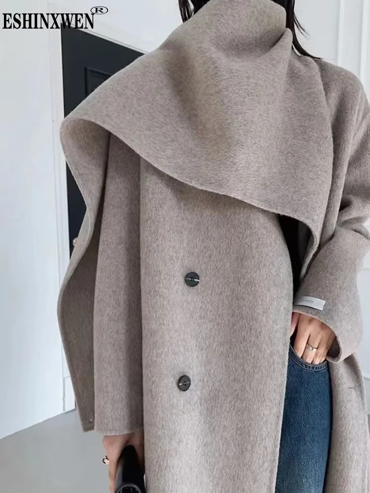 Eshin 2024 Autumn And Winter Shawl Scarf Collar Doublebreasted Solid Color Womens Doublesided Woolen Belt Coats TH5394 241010