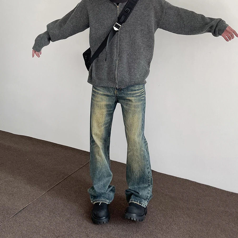 Jeans Men Streetwear Y2k Vintage Blue Distressed Casual Fashion Street Trousers Straight-leg Autumn Winter Flared Denim Pants 241011