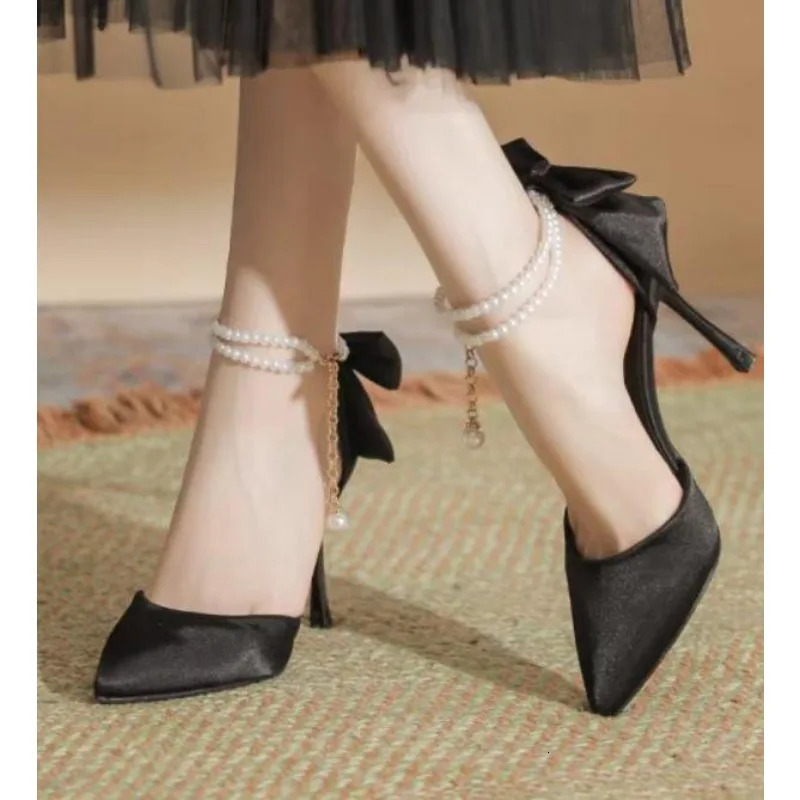 Women Thin Heel Hollow Sandals Woman Pearl Butterfly Pointed Toe High Heels Pumps New Womens Drees Wedding Shoes 241014