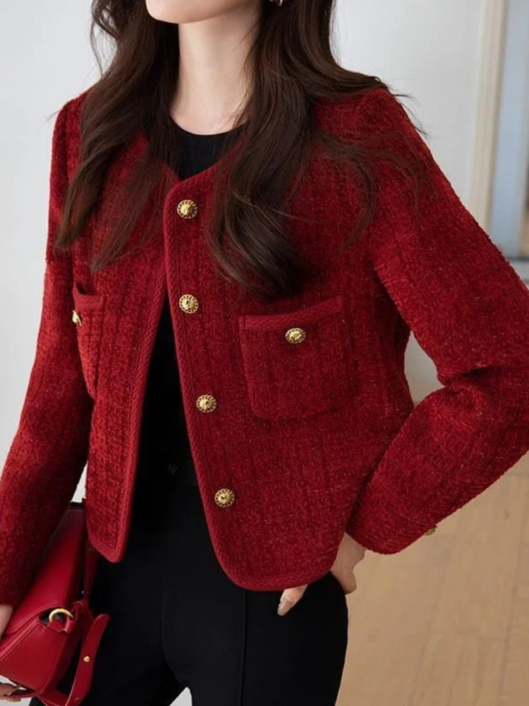 Wine Red Womens Jacket Autumn/Winter Metal Buckle Short Womens Jacket Korean Fashion Ultra Thin Elegant Coarse Linen Jacket 240930