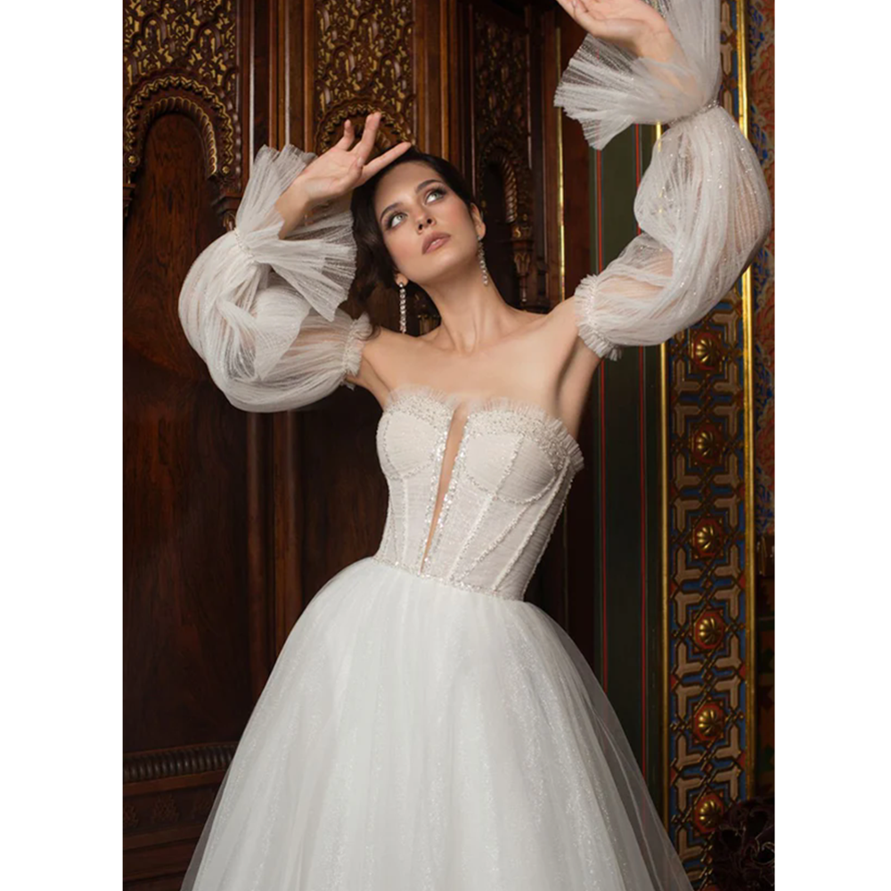 Hot Sale Sweetheart A-Line Wedding Dresses Long Puff Sleeves Lace Appliques Princess Bridal Gowns Vestido De Noiva