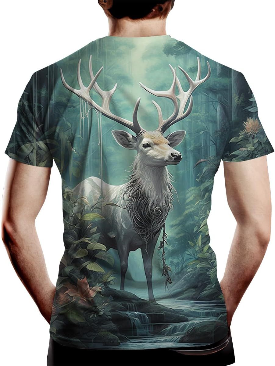 Mens T shirt Deer Hunting Colorful Pattern Shirt Art Print White Deer Cool graphic tee Casual tops summer clothes cool