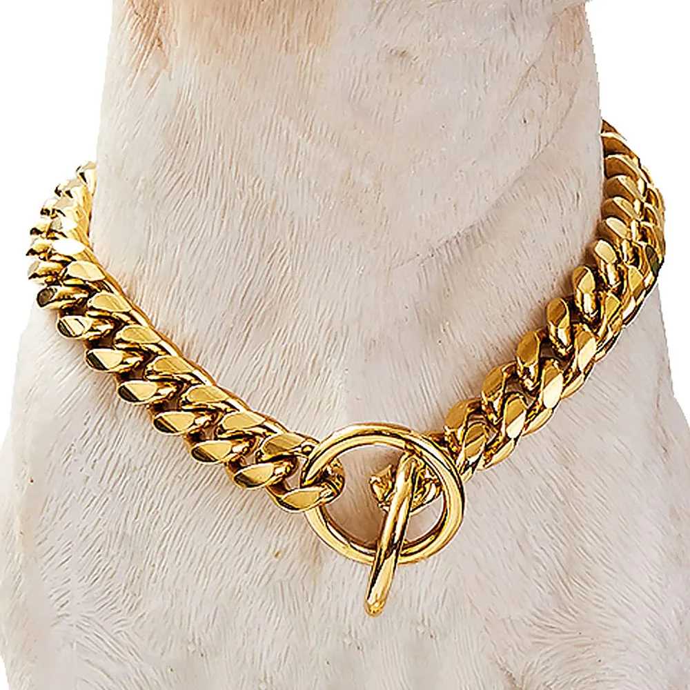 Gold Chain Dog Collar 10mm Fashion Dog Cuban Link Pet Gold Necklace Metal Puppy Jewelry Bulldog P Chain Pet Training Slip Collar