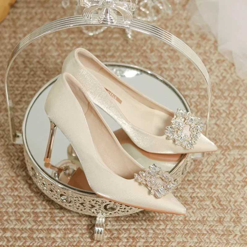 Womens Crystal Square Buckle High Heels Pumps 2024 Elegant Silk Thin Heeled Wedding Shoes Woman Slip On Pointed Toe Dress ShoesLX241014