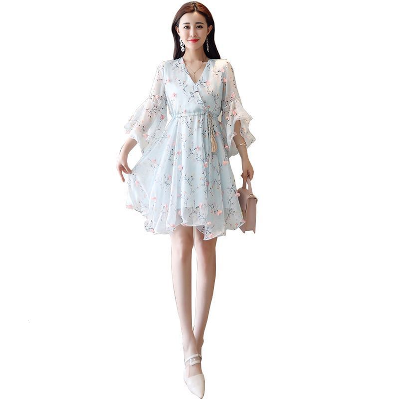 Women V-Neck Floral Printed Chiffon Dresses Summer Short Sleeve Flare Lace Up Mini Dress With Lining Mujer Vestidos 210514