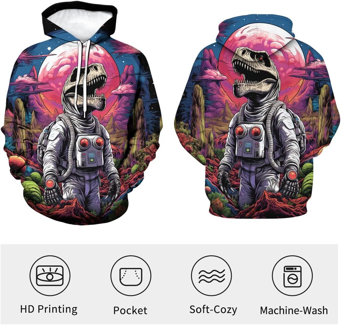 Hoodie for Mens Womens Mens Trippy Dinosaur Astronaut Skeleton Cool Graphic Hoodies Hooded 3D Animal Skull Sweatshirts Pullover Graphic Trendy Fashion