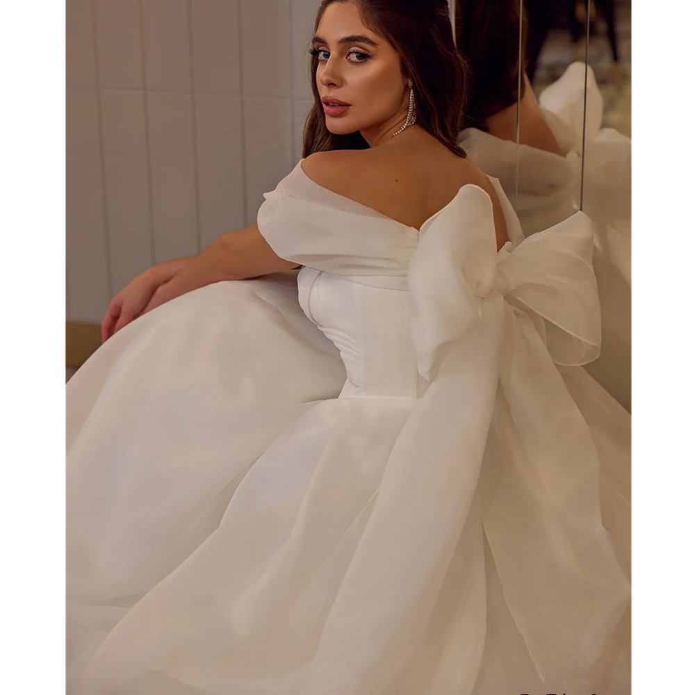 Princess Off the Shoulder Wedding Dresses for Brides Pleat Open Back Simple Bridal Gowns Sweep Train Beach vestidos de novia